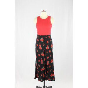 ZARA Black Rose Print Button Front A-Line Midi Slip Skirt, Size XS